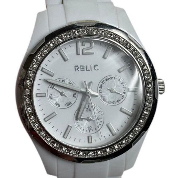 Relic Women's Analog Bracelet Wristwatch Watch White Silver Tone Faux Jewels 6" - Picture 3 of 14